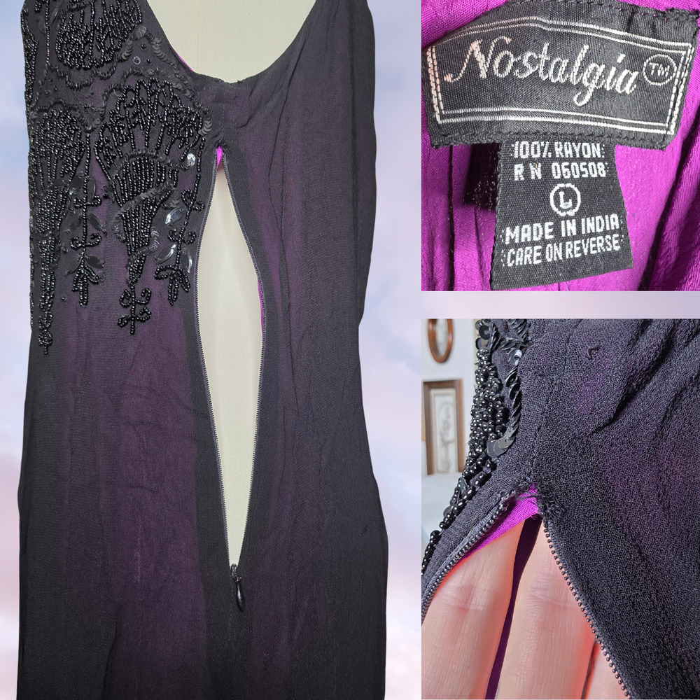 Vintage Nostalgia Black Purple Beaded Sequins Strappy Boho Rayon Maxi Dress L - Picture 9 of 9